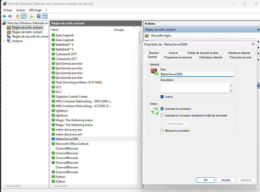 Paramètres firewall / autorisations réseau Windows pour Flask