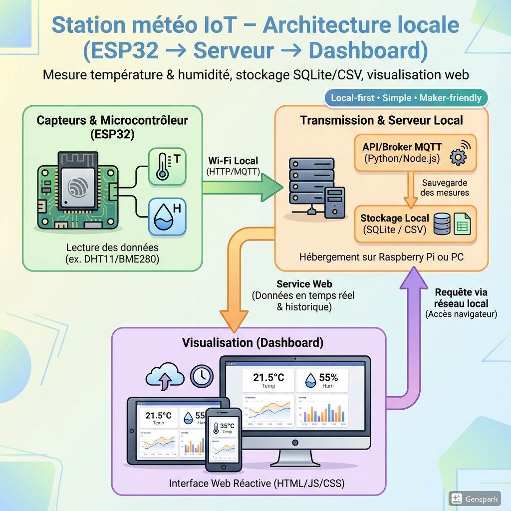 Schéma de fonctionnement global (capteurs > ESP32 > Wi-Fi > serveur > dashboard)