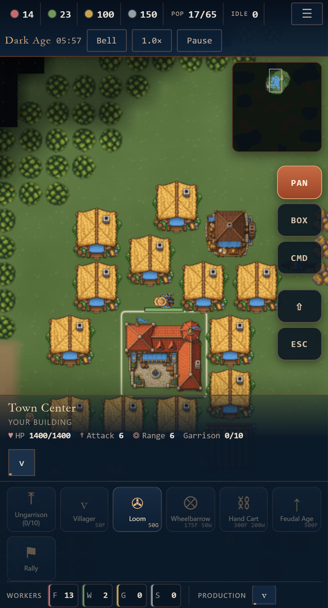 Petit Empire 2.20 sur téléphone : un village, la colonne de commandes tactiles et le HUD empilé