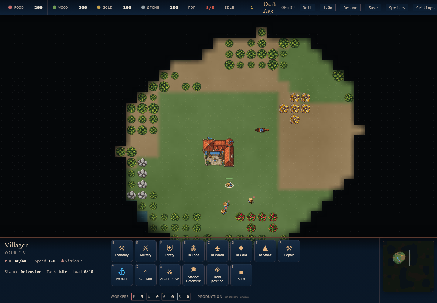 Petit Empire 2.21 : un villageois sélectionné et les commandes dans le HUD agrandi